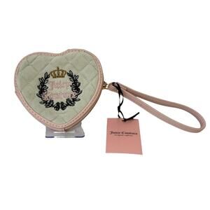 Juicy Couture Heart Wristlet Quilted Velour Coin Purse Crown Logo Blush Pink NWT